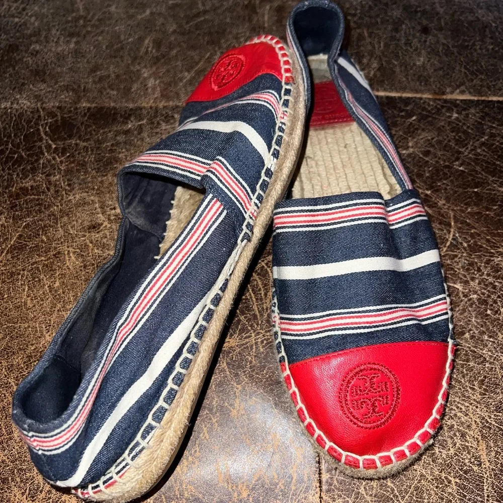 Tory Burch Red Blue White Leather Colorblock Espadrilles Shoes 10